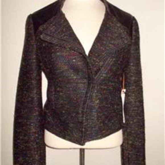WILLOW & CLAY SIZE SMALL BLACK MULTI-COLOR TWEED BOUCLE FAUX LEATHER TRIM JACKET